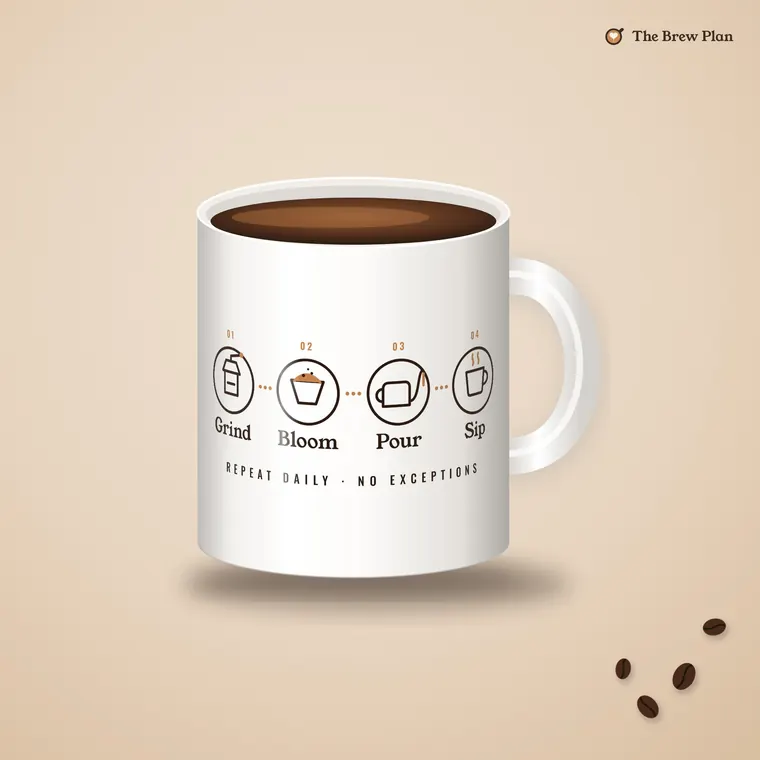 Grind · Bloom · Pour · Sip coffee mug