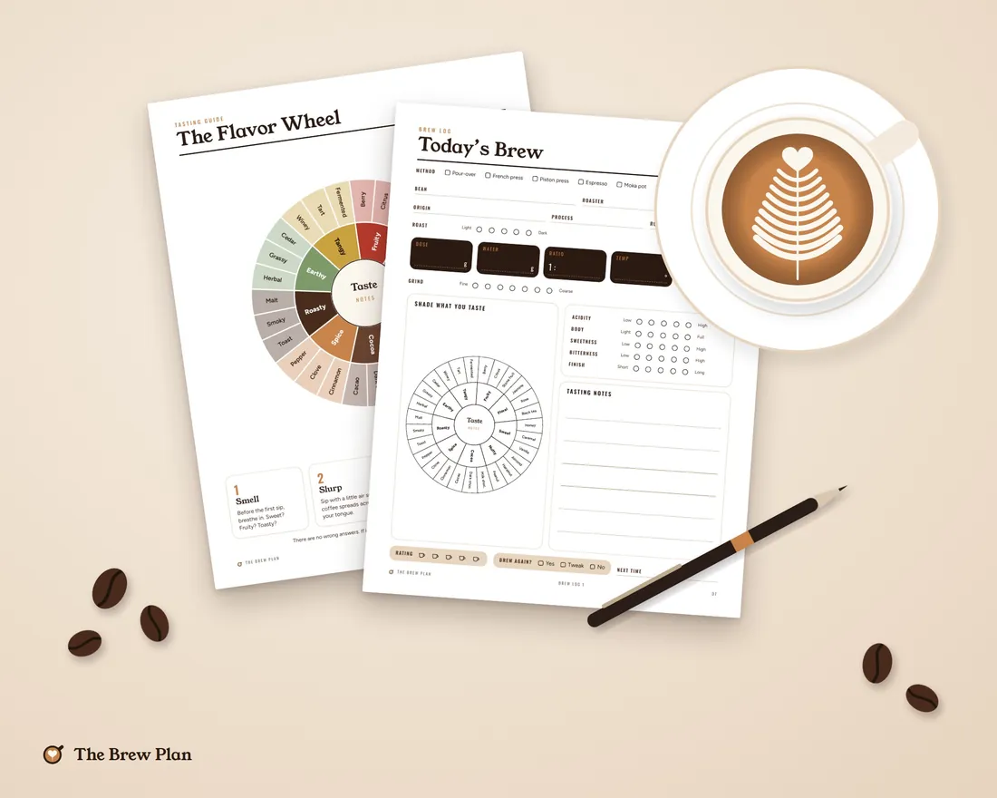 2027 Coffee Journal printable pages on a table with a latte